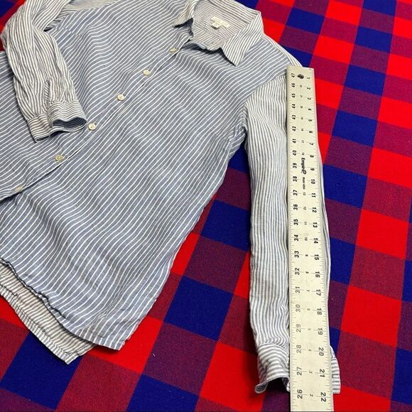 J. Jill Love Linen Blue White Stripe Button Up Shirt Size Small Petite Small - Picture 9 of 11